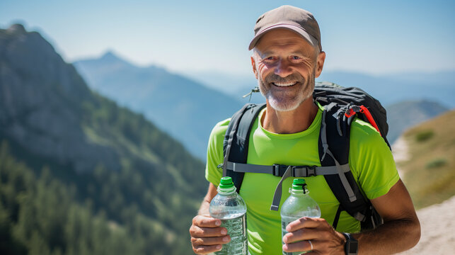 A happy handsome middle-aged man drinking water from a bottle outside active healthy lifestyle.