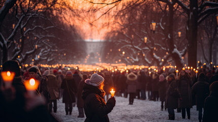 People celebration around big huge traditional fire event. Winter Solstice Celebration