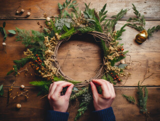 Hands crafting a festive  Christmas holiday wreath on a wooden table.