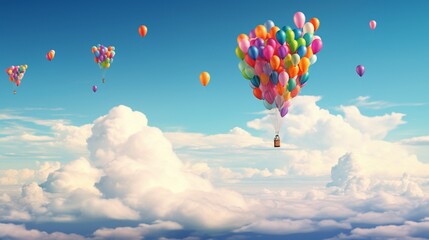 A whimsical capture of balloons escaping a grasp, flying towards the vast expanse of the sky. - obrazy, fototapety, plakaty