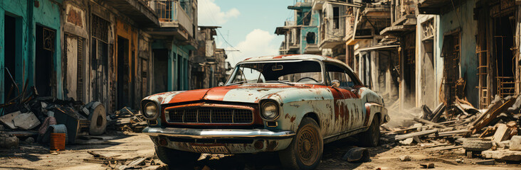 Caribbean Time Capsule: An Old Car on Haitian or Cuban Street Poster, Capturing the Timeless Rhythm of Vintage Veins Amidst Tropical Tales, Crafted by Generative AI