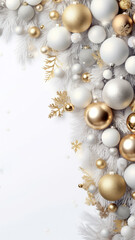 White and gold Christmas ornaments beautifully arranged on a snow background with copy space