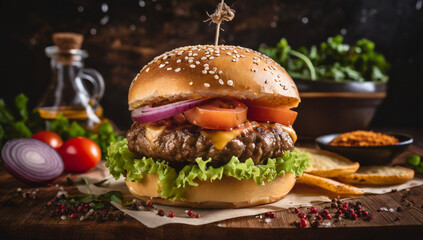 Delicious burgers and side dishes. Studio shooting is professional shooting.