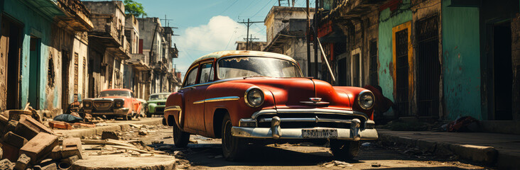 Caribbean Time Capsule: An Old Car on Haitian or Cuban Street Poster, Capturing the Timeless Rhythm of Vintage Veins Amidst Tropical Tales, Crafted by Generative AI - obrazy, fototapety, plakaty