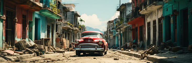 Caribbean Time Capsule: An Old Car on Haitian or Cuban Street Poster, Capturing the Timeless Rhythm of Vintage Veins Amidst Tropical Tales, Crafted by Generative AI - obrazy, fototapety, plakaty