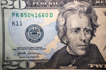 Twenty dollars close up. Twenty dollar bill, eye Jackson background. Details of cash American twenty dollars. Old American dollars, details of old American cash dollars