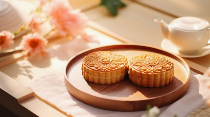 Obraz na płótnie Canvas Mooncake Chinese Traditional Pastry on White Table, Copy Space for Text