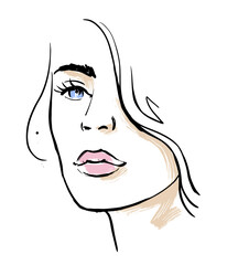 Young woman face. Portrait model for design. Fashion beauty sketch