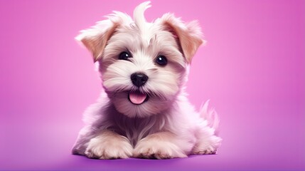  a small white dog sitting on top of a purple background.  generative ai