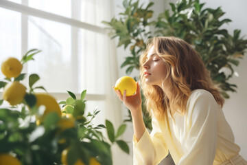 Attractive woman enjoying lemon aroma at home. Return of smell after Covid - obrazy, fototapety, plakaty
