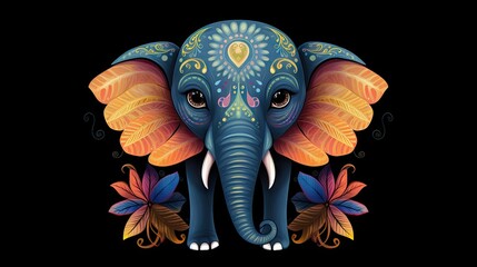  a blue elephant with orange, yellow, and red designs on its trunk.  generative ai
