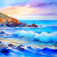 Watercolor seascape. Sea, waves, sky, clouds, rocks, stones. Beautiful nature illustration.