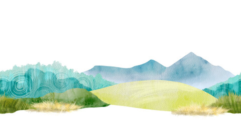 Mountains, forest and field. Seamless border in the form of a watercolor landscape. For printing packaging, wallpaper, towels, banners, invitations and website designs. Stylized for a children's theme
