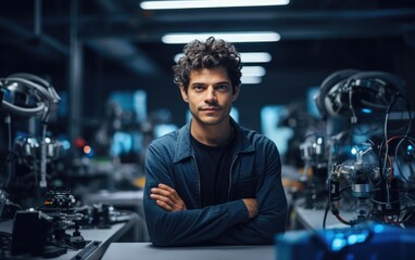 Closeup of a male robotics engineer in a high-tech lab