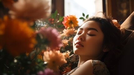 Naklejka premium Blissful Japanese Woman Relaxing in Sunlit Room Surrounded by Vibrant Flowers - Tranquil Beauty in Golden-Hour Serenity
