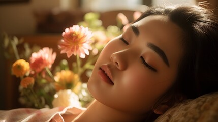 Obraz na płótnie Canvas Blissful Japanese Woman Relaxing in Sunlit Room Surrounded by Vibrant Flowers - Tranquil Beauty in Golden-Hour Serenity