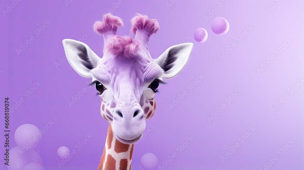 Poster a close up of a giraffe with bubbles in the air. generative ai