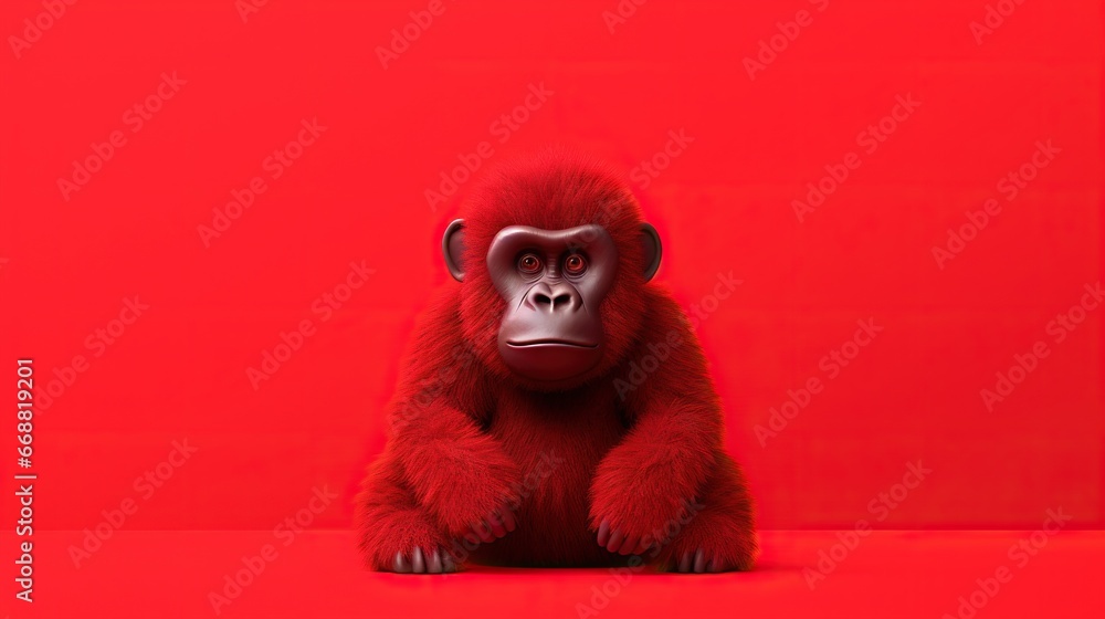 Poster a monkey sitting on a red surface with a red background. generative ai