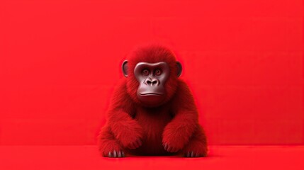  a monkey sitting on a red surface with a red background.  generative ai