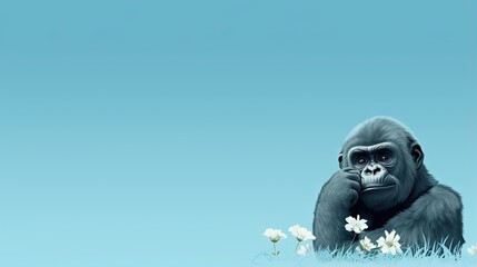  a gorilla sitting in the grass with flowers around it's neck.  generative ai - obrazy, fototapety, plakaty