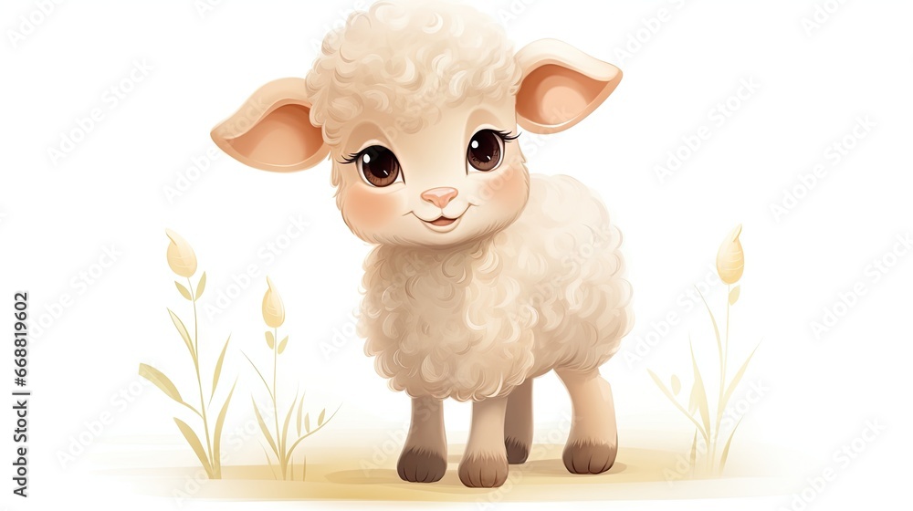 Poster a little lamb standing in a field of grass and flowers. generative ai