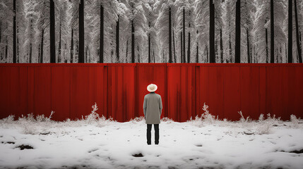 Man standing in the snow and looking at a red fence - very stylish and unique - Christmas - holiday - winter 