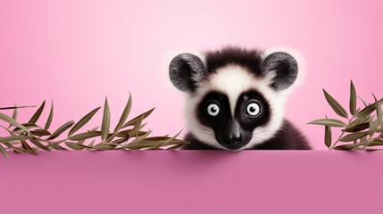  a small black and white animal peeking over a pink surface.  generative ai