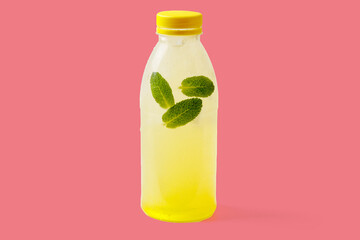 Melon lemonade with melon puree, mint, melon syrup, ice, sparkling water on a red background for food delivery website 1