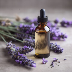 Glass bottle with essential, lavender oil and lavender flowers on a wooden surface