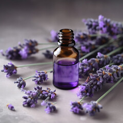 essential, lavender oil in a bottle and lavender flowers on a wooden surface