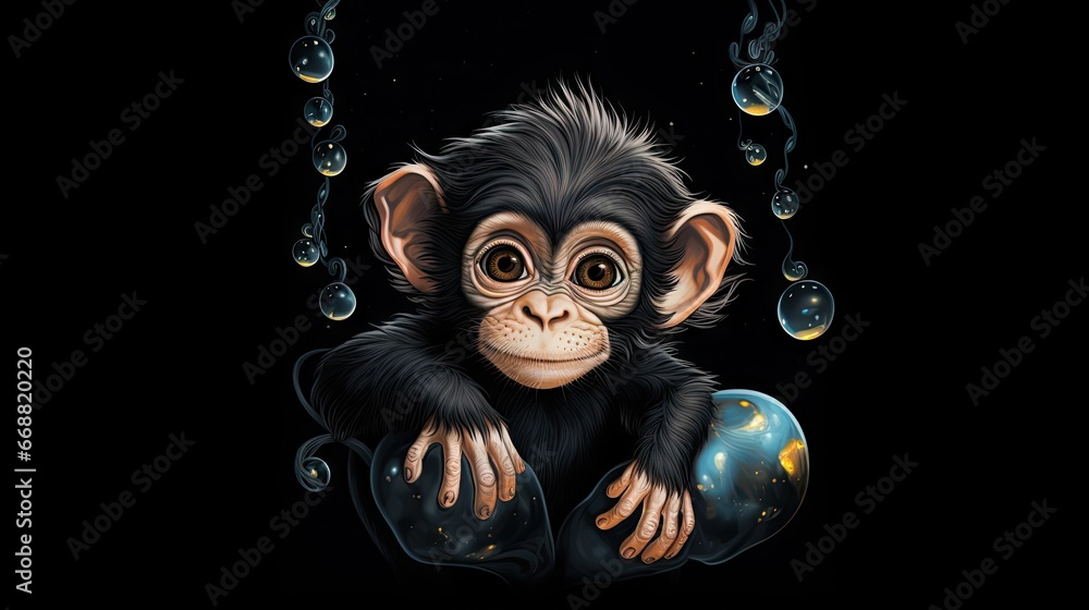 Poster a painting of a monkey with bubbles hanging from it's back. generative ai