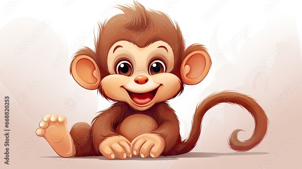 Poster a smiling monkey sitting on the ground with its paw up. generative ai