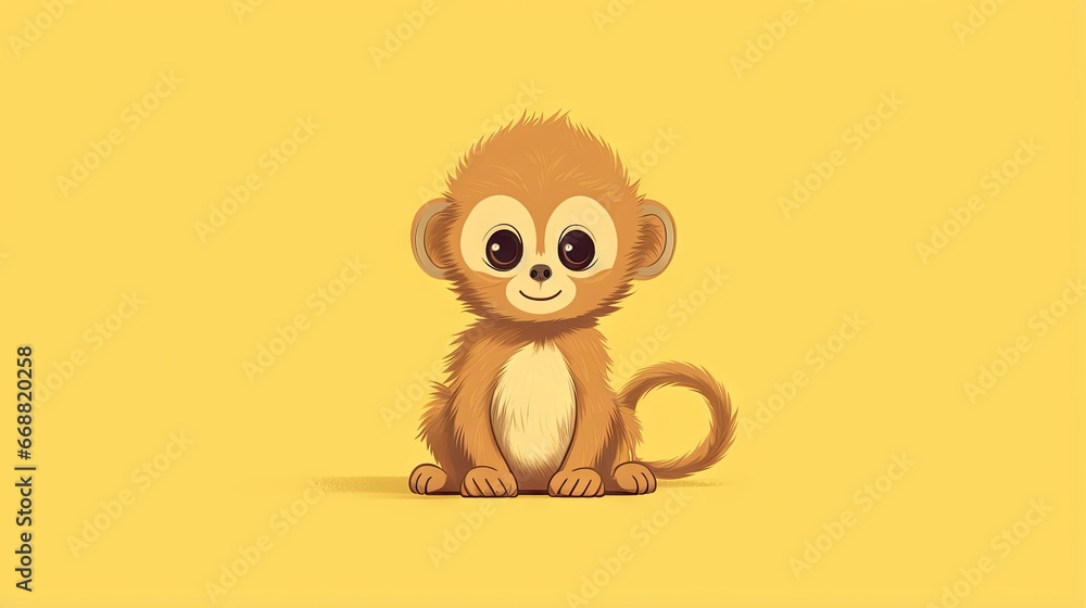 Poster a small monkey sitting on top of a yellow surface with a smile on its face. generative ai