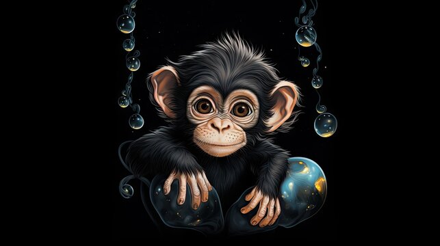  a painting of a monkey with bubbles hanging from it's back.  generative ai