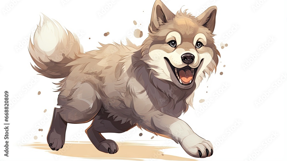 Poster a dog running on a white background with a happy look. generative ai
