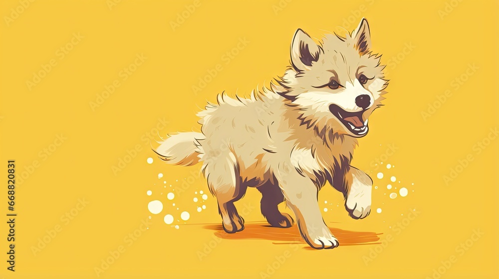 Poster  a dog running on a yellow background with bubbles around it.  generative ai