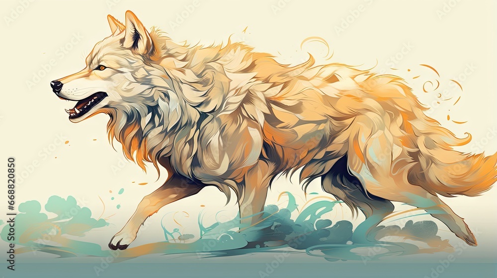 Poster a drawing of a wolf running through a field of grass. generative ai
