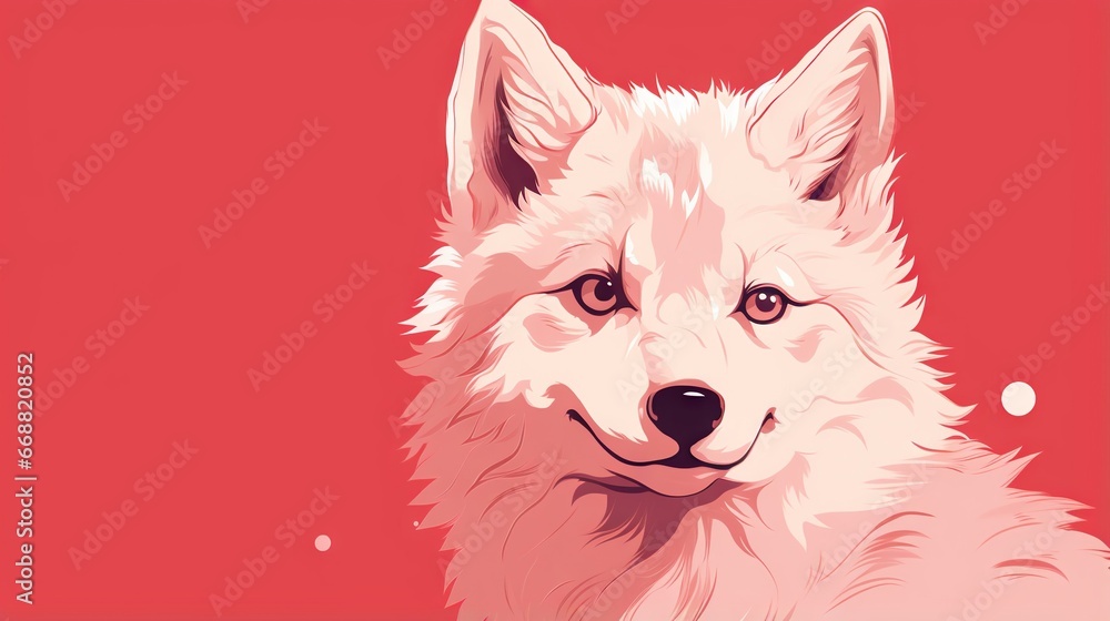Poster a white dog with a red background and a red background. generative ai