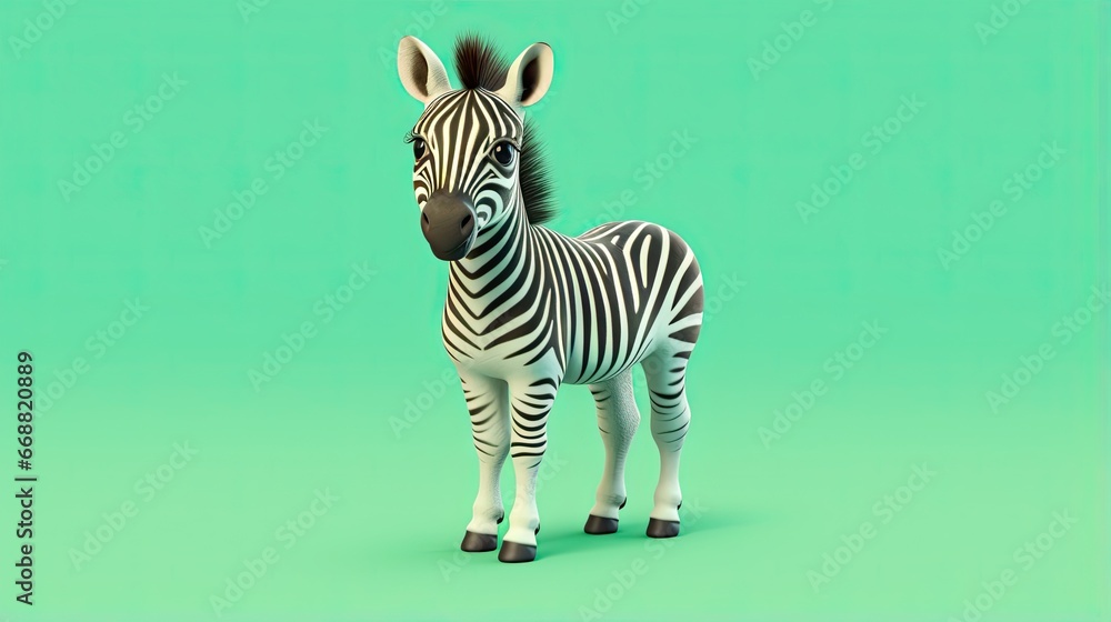 Poster a small zebra standing on a green surface with a green background. generative ai
