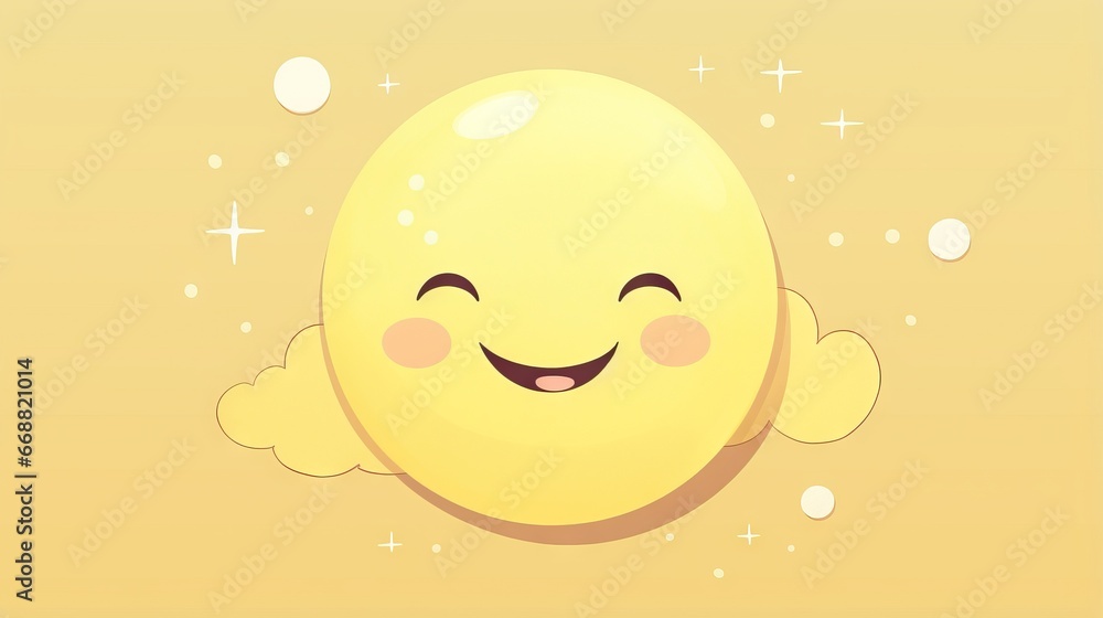 Poster a yellow egg with a smiley face and clouds around it. generative ai
