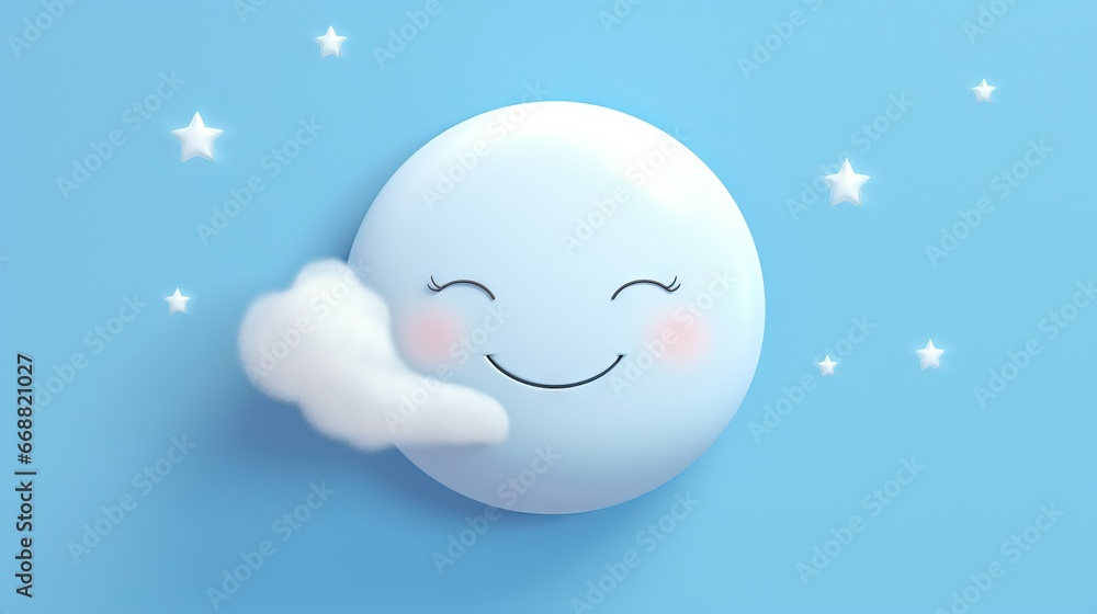 Poster a smiling moon with a cloud in front of it on a blue background. generative ai