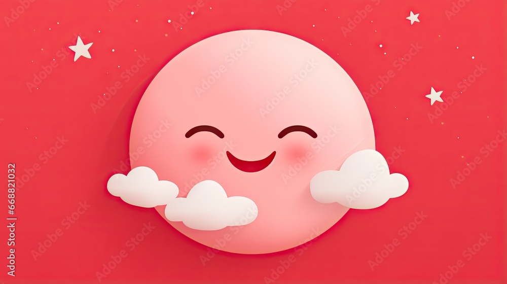 Poster a pink cloud with a smiling face on a red background. generative ai
