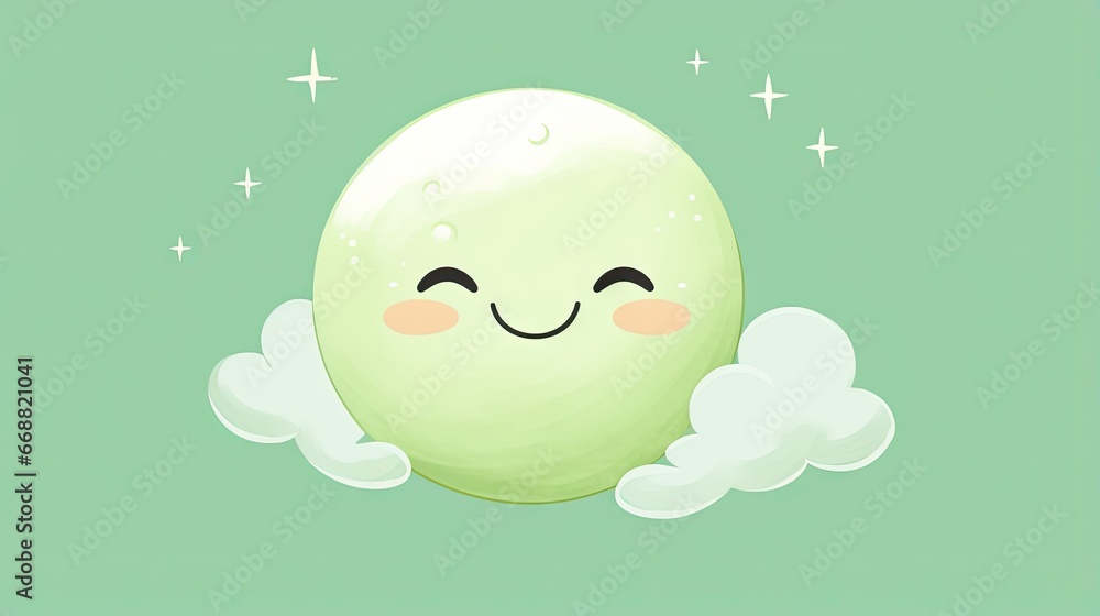 Poster a green background with a smiling egg with white clouds and stars. generative ai