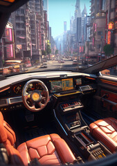 Futuristic Veins of Neon: An Inside Look into a Cyberpunk Vehicle Interior, A Generative AI’s Journey Through the Veins of Retro-Futurism and Modern Aesthetics