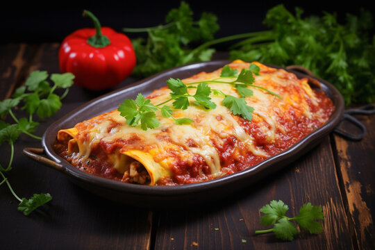 Delicious enchilada on a rustic tabletop