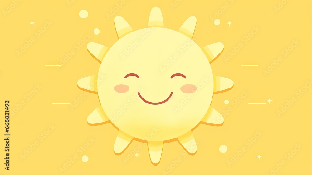 Poster a yellow background with a smiling sun with stars around it. generative ai