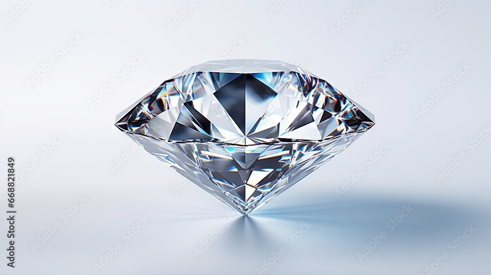 Poster a diamond on a white surface with a reflection on it. generative ai