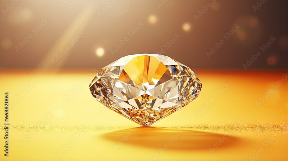 Poster a diamond on a yellow surface with a bright light in the background. generative ai