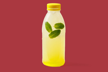 Melon lemonade with melon puree, mint, melon syrup, ice, sparkling water on a red background for food delivery website 2