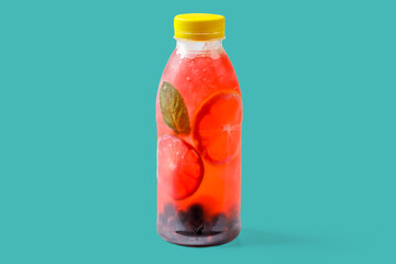 Bubble gum lemonade with currants, lime, mint, bubble gum syrup, ice, soda water on green background for food delivery website 1